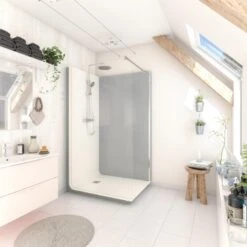 Cabine De Douche L.140 X L.80 Cm Blanc, Verre Transparent, Serenity Ciment